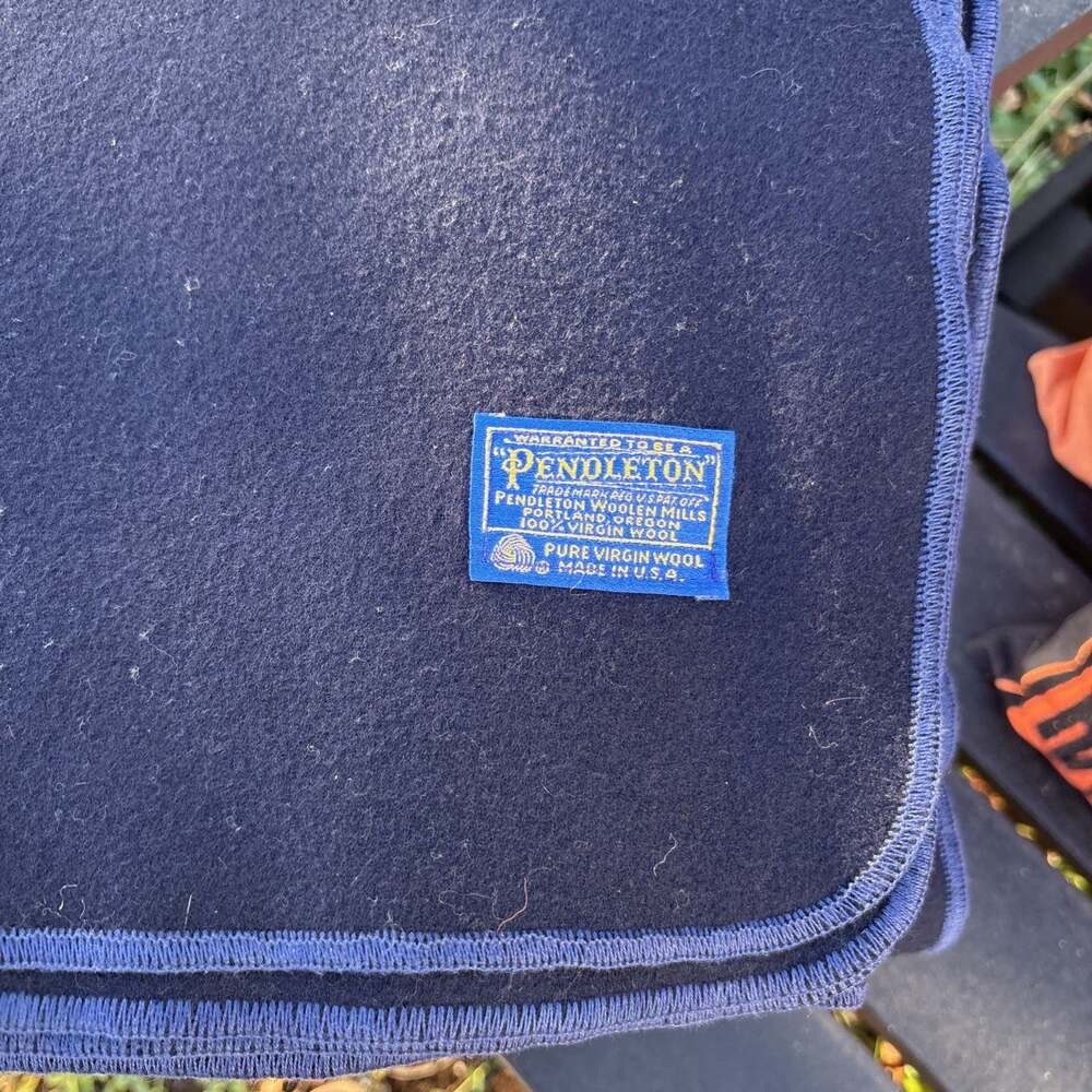 Vintage Pendleton Virgin Wool Camp Blanket Navy Blue Solid Stitched 58x89 USA